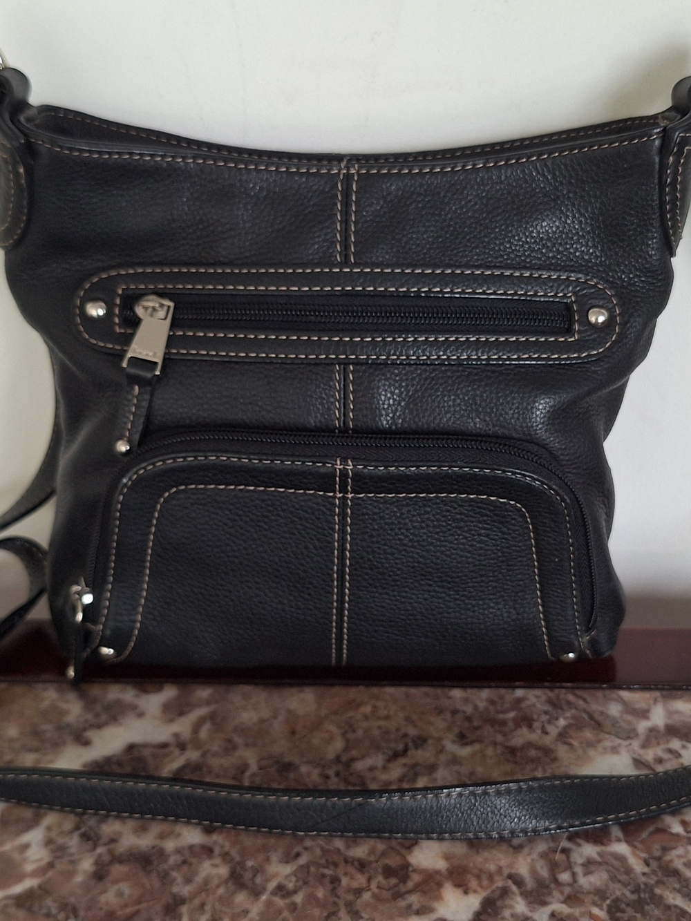 Leather Crossbody Bag with Contrast Stitching - Black